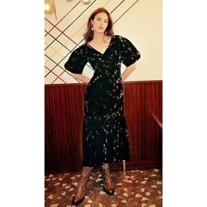 Sea New York Rayna Floral Velvet Midi Dress V-Neck Ruched Puff Sleeve Ruffle